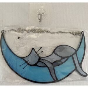 Sleeping Cat On Moon Sun Catcher, Blue Gray